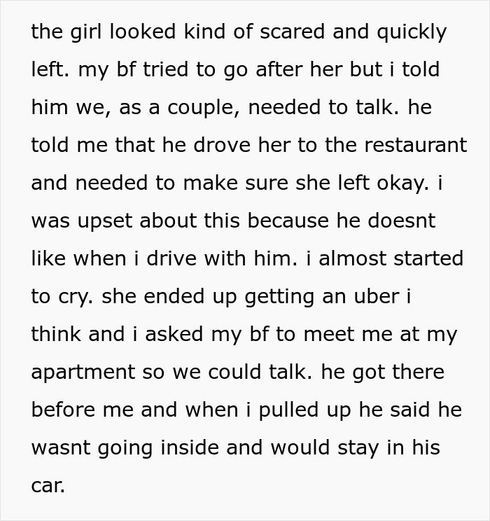 Screenshot of online text describing a woman's experience with her cheating ex, revealing her partner's suspicious actions.