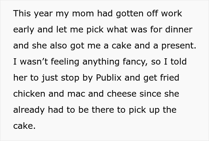 Screenshot of a Reddit post explaining food choices for a birthday dinner, involving a teen sister.
