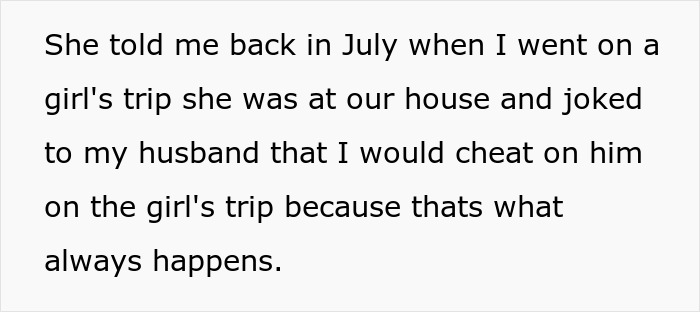 Text explaining a woman's sister joked to her husband about cheating, leading to her husband and sister completely naked.