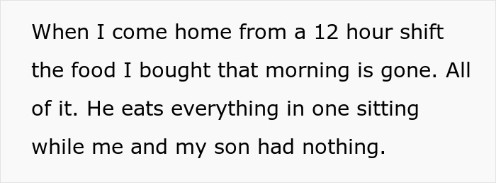 Text snippet describing the moocher brother eating all the food, leaving nothing for the sister or her son.