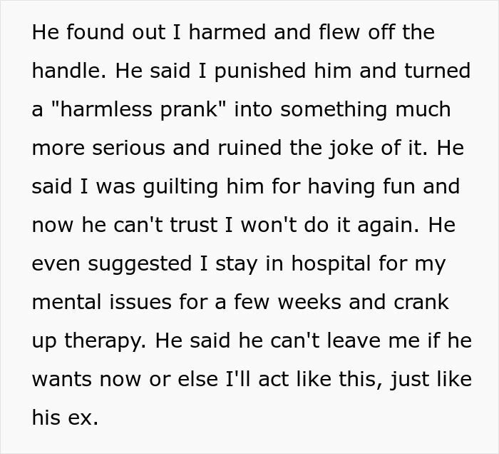 Cruel prank fallout: boyfriend blames girlfriend, escalating the situation by suggesting therapy. Cruel prank fallout: boyfriend blames girlfriend, escalating the situation by suggesting therapy.