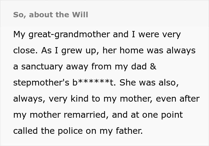 Screenshot about great-grandma and her close relationship, highlighting the family dynamic and inheritance from beyond the grave. Screenshot about great-grandma and her close relationship, highlighting the family dynamic and inheritance from beyond the grave.