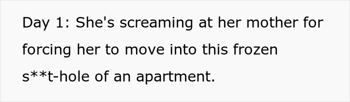 Text describing day 1 of a woman's nightmare neighbor screaming about a frozen apartment.
