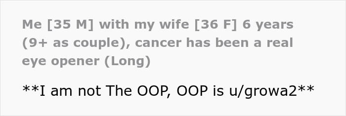 Screenshot of text about a man with cancer and his postpartum wife expecting him to slog at home.