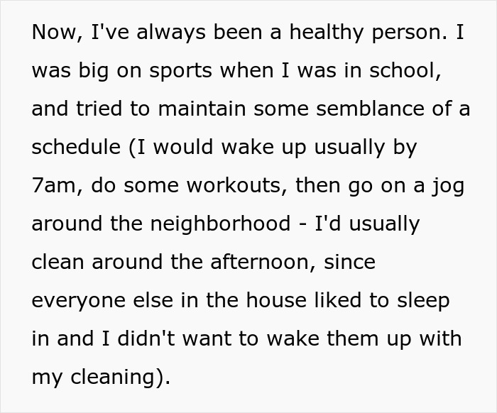 Screenshot of text describing a healthy person's routine. The woman thinks her future mother-in-law is doing something to her food. Screenshot of text describing a healthy person's routine. The woman thinks her future mother-in-law is doing something to her food.