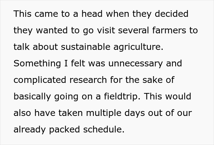Screenshot of text about teammates wanting to visit farmers for sustainable agriculture, complicating the project. Screenshot of text about teammates wanting to visit farmers for sustainable agriculture, complicating the project.