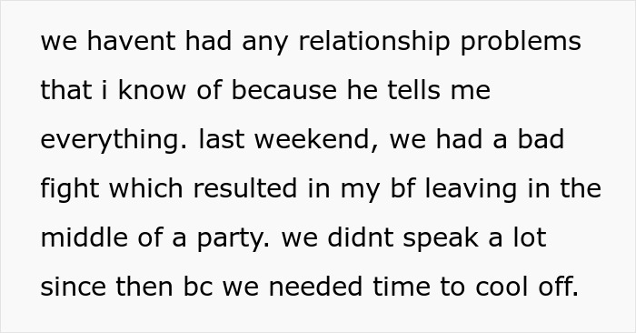 Text explaining a fight leading to the ex leaving a party, causing a relationship problem.