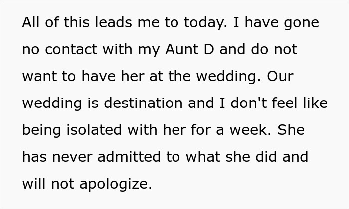 Text explaining going no contact with an aunt who secretly changed grandpa's will and not wanting her at the wedding. Text explaining going no contact with an aunt who secretly changed grandpa's will and not wanting her at the wedding.