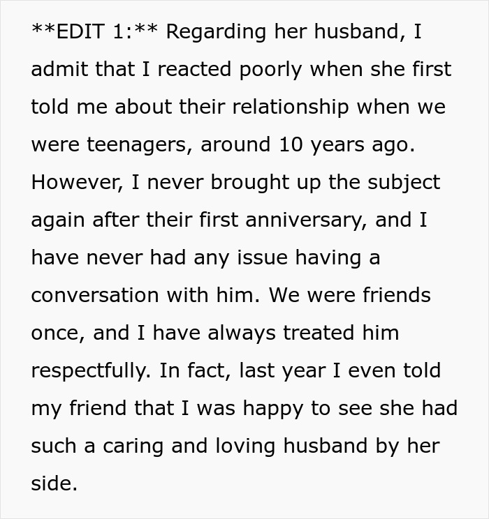 Text about the bride's past reaction to the bestie's husband, adding context to the bestie ghosts bride situation. Text about the bride's past reaction to the bestie's husband, adding context to the bestie ghosts bride situation.