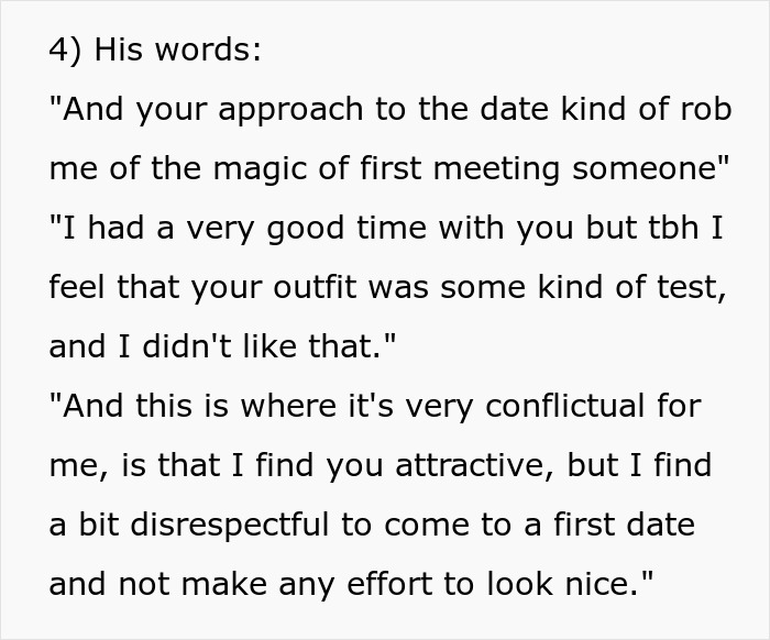 Screenshot of text showing a guy's reasons for canceling a date, finding her outfit a test and disrespectful. Screenshot of text showing a guy's reasons for canceling a date, finding her outfit a test and disrespectful.