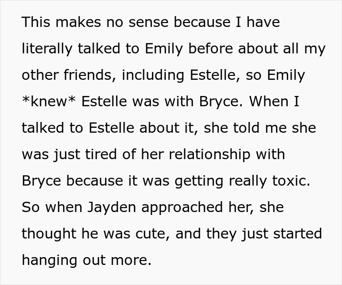 Text snippet detailing Emily's role in the cheating GF situation, surprising her friends.