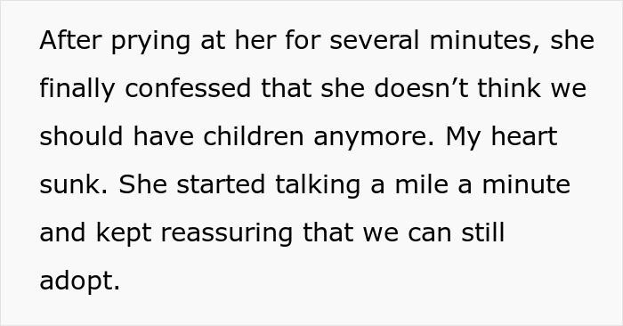 A screenshot of text detailing a wife's confession about changing her mind about having kids after an autism diagnosis. A screenshot of text detailing a wife's confession about changing her mind about having kids after an autism diagnosis.