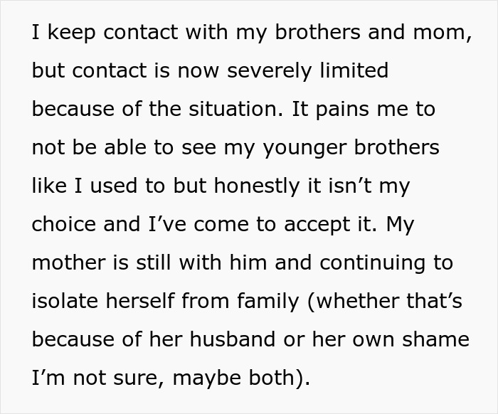 Text about limited contact with family due to spy camera room step dad situation. Text about limited contact with family due to spy camera room step dad situation.