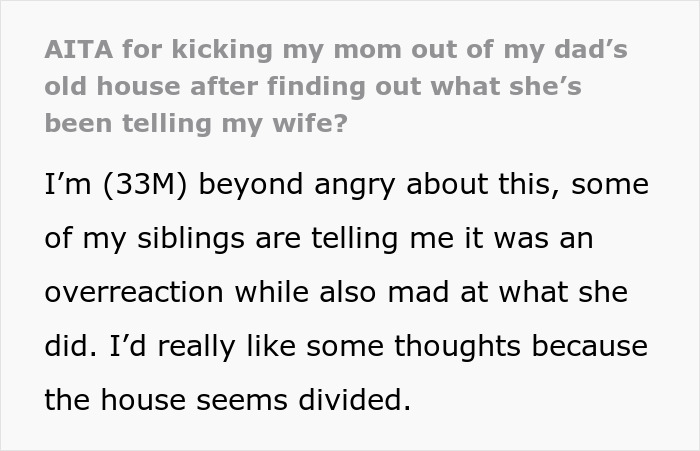 Screenshot of a post from Reddit where a man refuses to house his mom after she harassed his wife about past trauma.