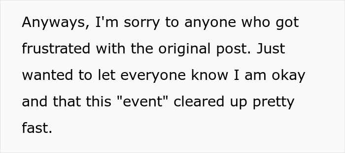 A screenshot of a cheating ex story where the writer apologizes for frustration and confirms being okay.
