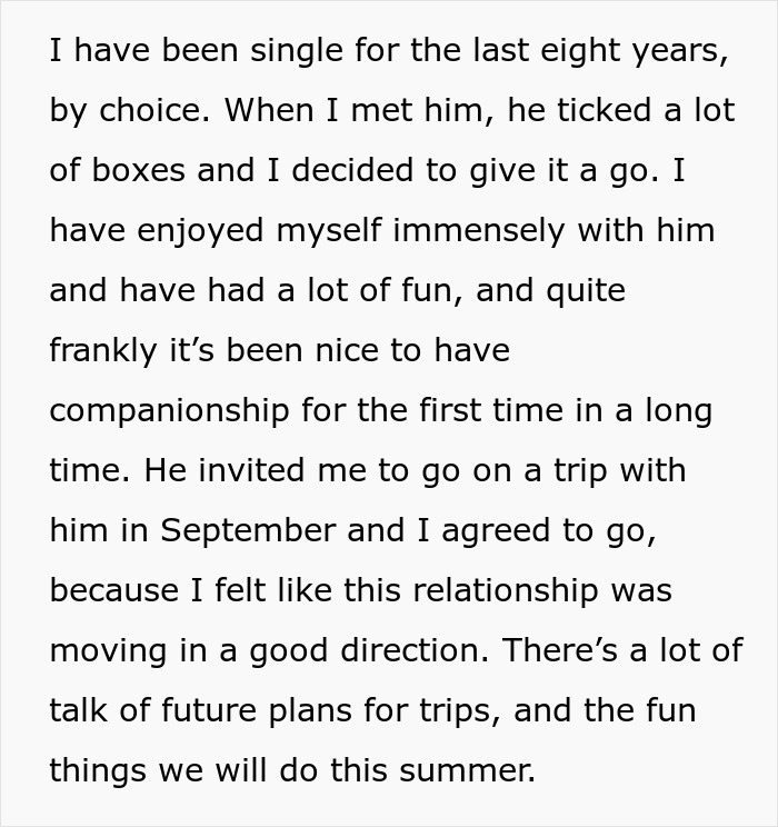 Text about GF's relationship moving well and a planned trip, BF's 10-day trip detail.