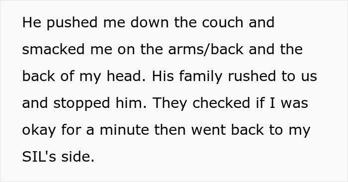 Text detailing the husband's violent reaction, pushing and hitting, after the accidental serving of peanuts to an allergic SIL. Text detailing the husband's violent reaction, pushing and hitting, after the accidental serving of peanuts to an allergic SIL.