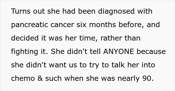 Text explaining great-grandma's cancer diagnosis and decision not to fight, part of her trolling. Text explaining great-grandma's cancer diagnosis and decision not to fight, part of her trolling.