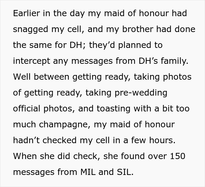 Text about a maid of honor finding 150+ messages from the groom's mom and sister after a wedding family ban.