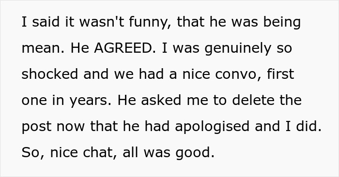 Text detailing the sister's shock and agreement from her brother, who apologized for his autism-related behavior. Text detailing the sister's shock and agreement from her brother, who apologized for his autism-related behavior.