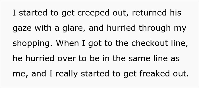 Screenshot of a story paragraph describing a woman getting freaked out by a man mistaking her for her identical twin. Screenshot of a story paragraph describing a woman getting freaked out by a man mistaking her for her identical twin.