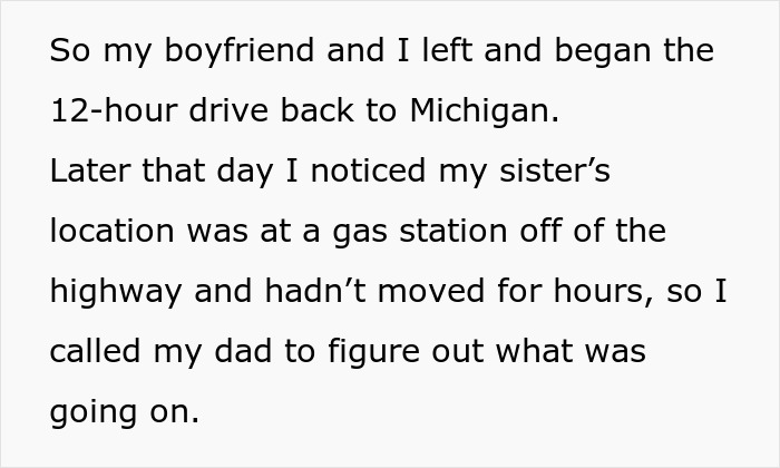 Text about family drama. Woman turns car around mid-trip after sister's unexpected reaction. Text about family drama. Woman turns car around mid-trip after sister's unexpected reaction.