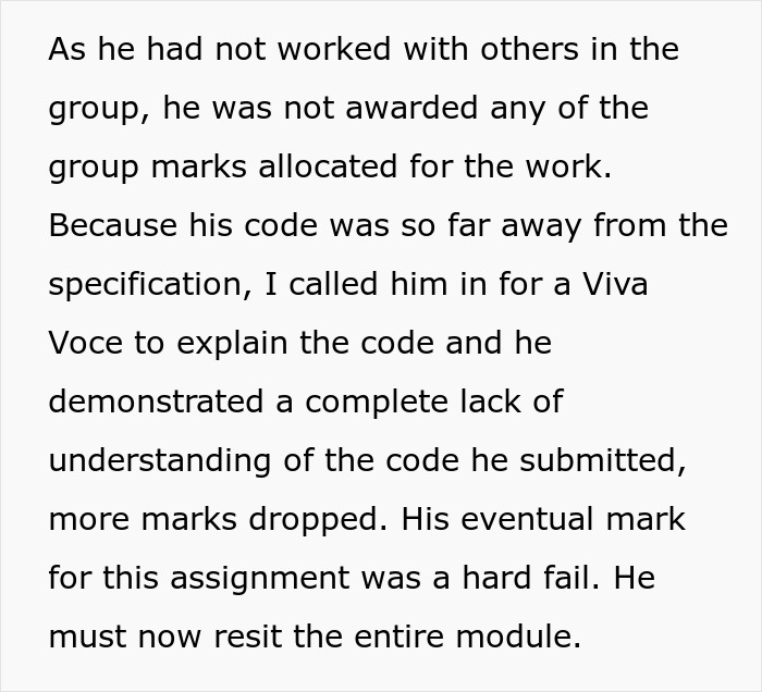 Lecturer documents student's hard fail and repeating module due to refusing group work and lack of understanding. Lecturer documents student's hard fail and repeating module due to refusing group work and lack of understanding.