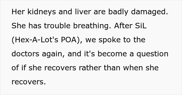 Update on the MILs health, showing severely damaged kidneys and liver after her latest witching potion.