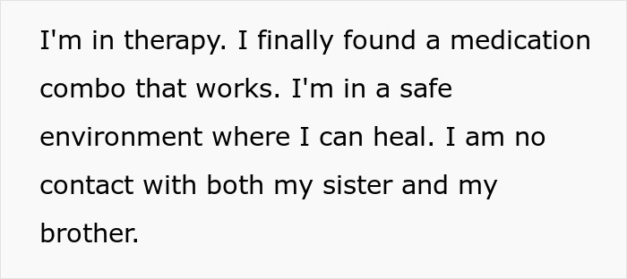 A text box detailing therapy and medication, showing the anxious sibling's healing after the wedding boycott.