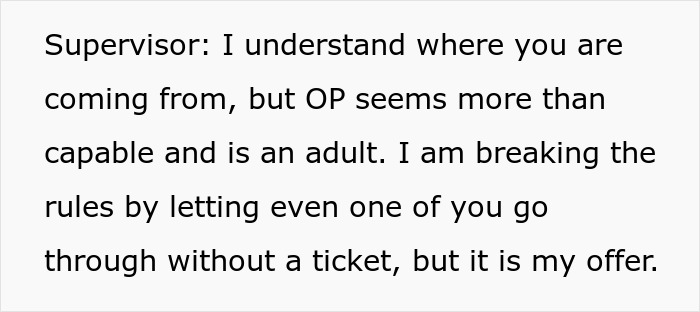 Text exchange describing a supervisor offering a compromise to the toxic parents at the airport. Text exchange describing a supervisor offering a compromise to the toxic parents at the airport.