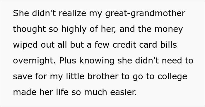 Mom's great-grandmother thought highly of her, easing financial burdens and college savings stress. Mom's great-grandmother thought highly of her, easing financial burdens and college savings stress.