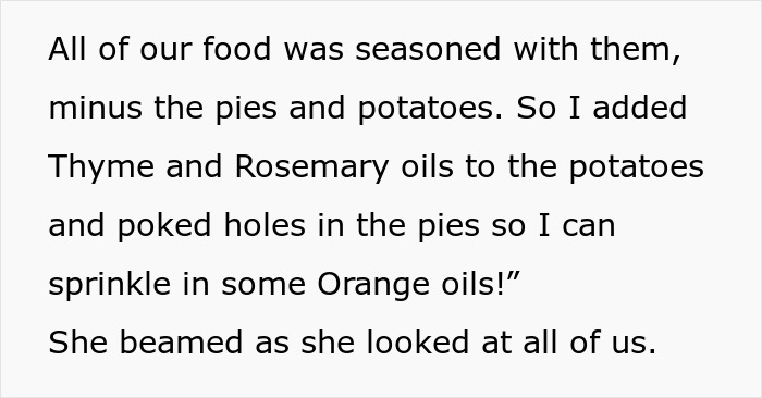 A screenshot of text describing MIL adding essential oils to Thanksgiving holiday dishes like potatoes and pies. A screenshot of text describing MIL adding essential oils to Thanksgiving holiday dishes like potatoes and pies.