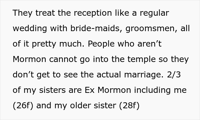 Text detailing wedding reception plans, bridesmaids, groomsmen, and the groom's sisters exclusion from bridesmaid dresses. Text detailing wedding reception plans, bridesmaids, groomsmen, and the groom's sisters exclusion from bridesmaid dresses.