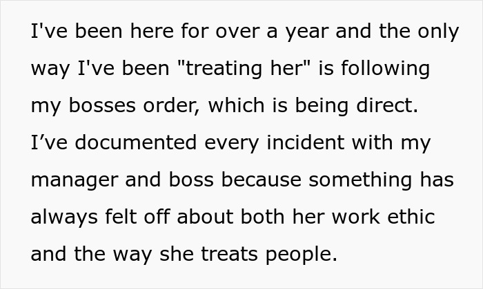 Text explaining a 19-year-old colleague's side of the story about the made-up bullying claims. Text explaining a 19-year-old colleague's side of the story about the made-up bullying claims.