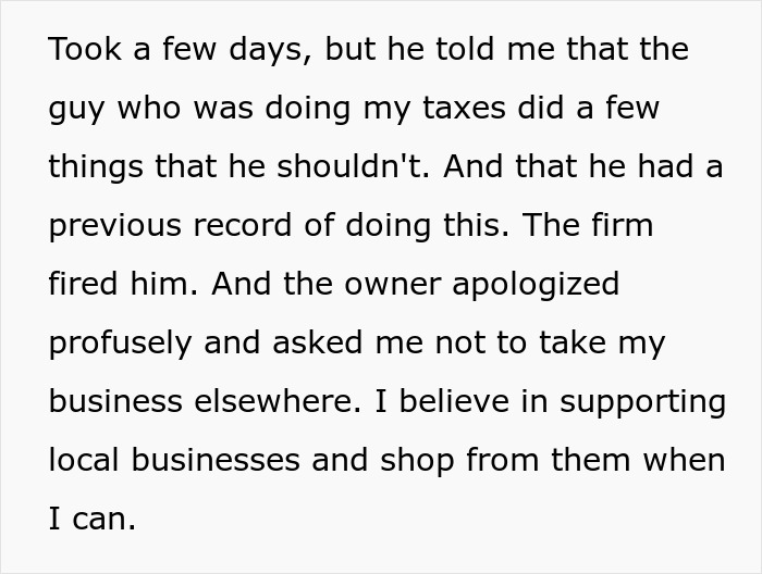 Text snippet detailing the aftermath of the entitled man's tax fraud and his brother's wedding.