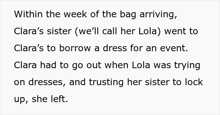 Text about Clara's sister Lola borrowing a dress, inadvertently involved in the designer bag swap with a trusted friend. Text about Clara's sister Lola borrowing a dress, inadvertently involved in the designer bag swap with a trusted friend.