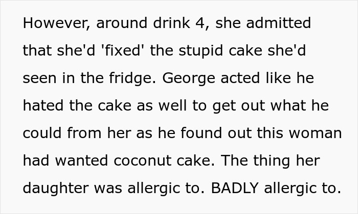 Text detailing the MIL admitting to sabotaging the wedding cake with coconut, an allergen for the daughter. Text detailing the MIL admitting to sabotaging the wedding cake with coconut, an allergen for the daughter.