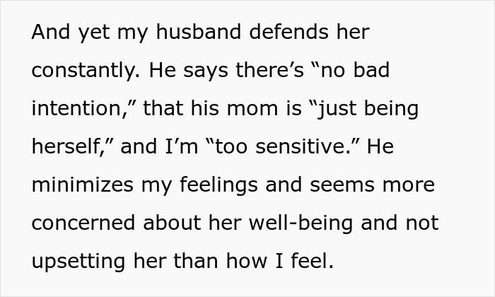 Text snippet: husband defends her constantly, minimizes feelings, concerned about MIL, part of marriage problem. Text snippet: husband defends her constantly, minimizes feelings, concerned about MIL, part of marriage problem.