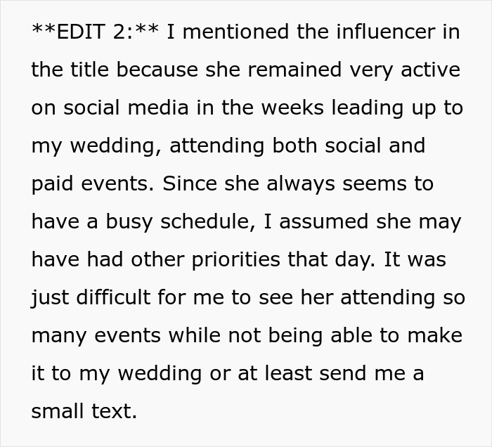 Text explaining why the friend is called an influencer and her busyness, relating to the bestie ghosts bride scenario. Text explaining why the friend is called an influencer and her busyness, relating to the bestie ghosts bride scenario.