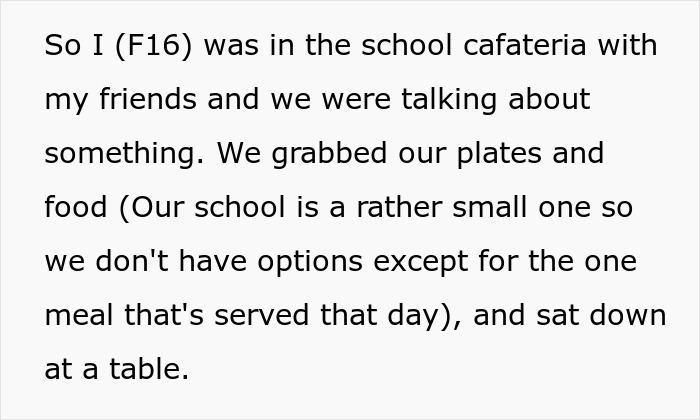 Screenshot of text: Teen shows friend forced to eat what she doesn't want in a small school cafeteria with limited meal options. Screenshot of text: Teen shows friend forced to eat what she doesn't want in a small school cafeteria with limited meal options.