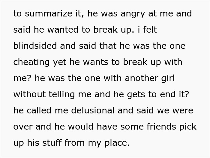 Screenshot of online text detailing the moment a woman's cheating ex wanted to break up and accused her of being delusional.