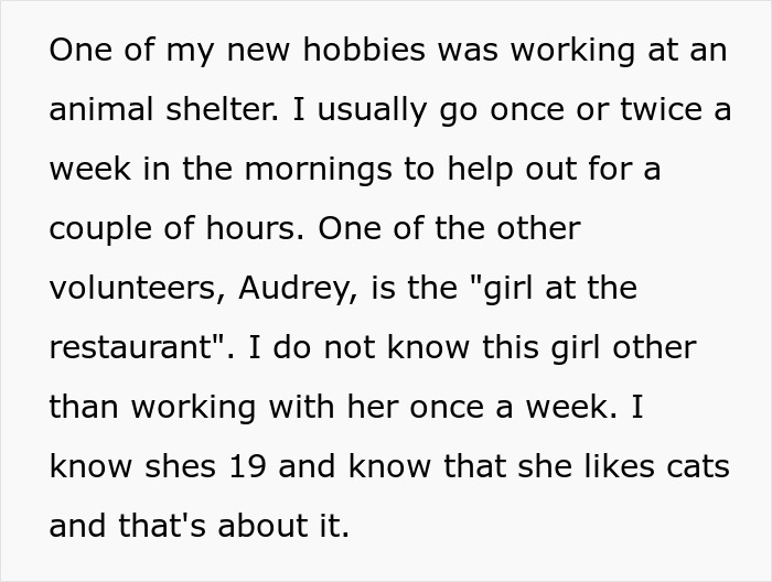 Screenshot of text detailing a woman's account about a cheating ex and working at an animal shelter.