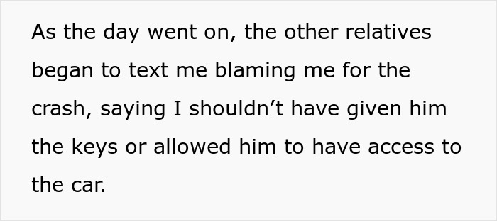 Screenshot of text describing relatives blaming for the car crash by a house sitter.