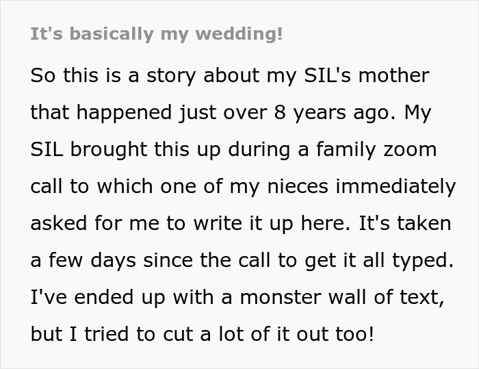 Screenshot of text beginning with It's basically my wedding! about a MIL sabotaging a wedding. Screenshot of text beginning with It's basically my wedding! about a MIL sabotaging a wedding.