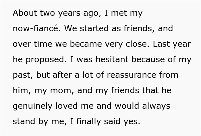 Screenshot of text describing a woman's journey to finally get married.