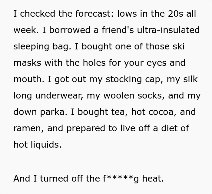 Text describes a woman preparing for cold weather to deal with her nightmare neighbor.