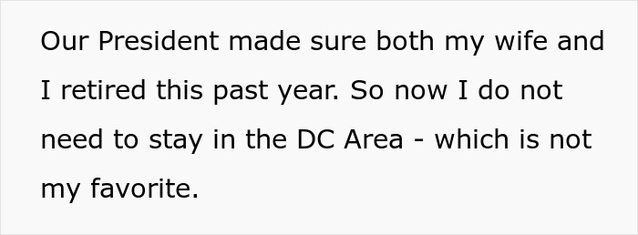 Text about a man and wife retiring and no longer needing to stay in the DC area after financially supporting their son. Text about a man and wife retiring and no longer needing to stay in the DC area after financially supporting their son.