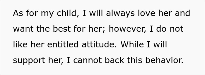 Text stating love for a child but not supporting her entitled attitude after the college fund loss. Text stating love for a child but not supporting her entitled attitude after the college fund loss.