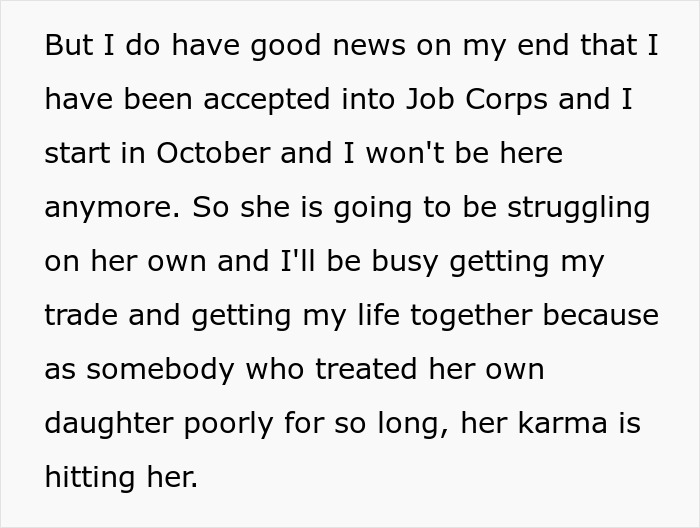 A screenshot of text detailing how the daughter of a narcissist mom has been accepted into Job Corps. A screenshot of text detailing how the daughter of a narcissist mom has been accepted into Job Corps.