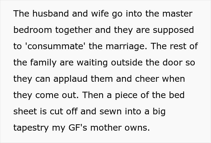 Text describing the wedding night bed sheet tradition where a piece is cut and made into a tapestry.